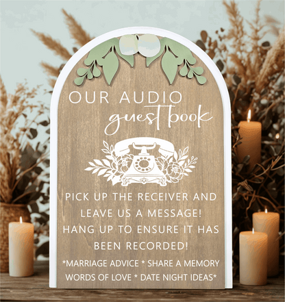 3D Arched Audio Guest Book Wedding Sign | Modern Eucalyptus Telephone Station Decor