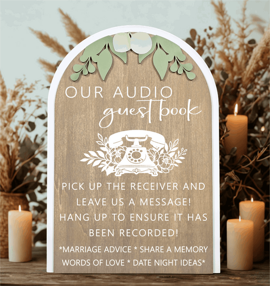 3D Arched Audio Guest Book Wedding Sign | Modern Eucalyptus Telephone Station Decor