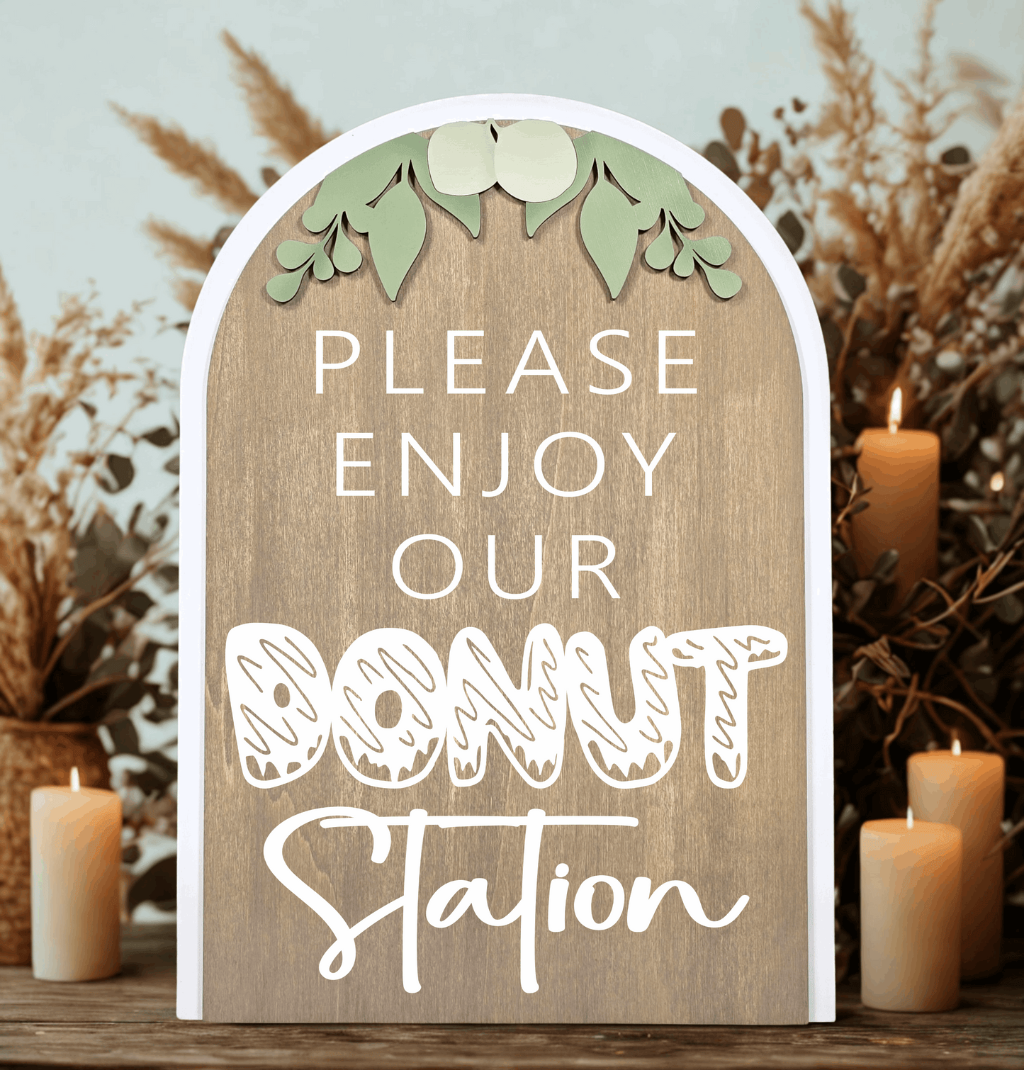 3D Arched Donut Station Wedding Sign | Modern Eucalyptus Table Decor