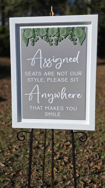 Eucalyptus Assigned Seats White Framed Sign