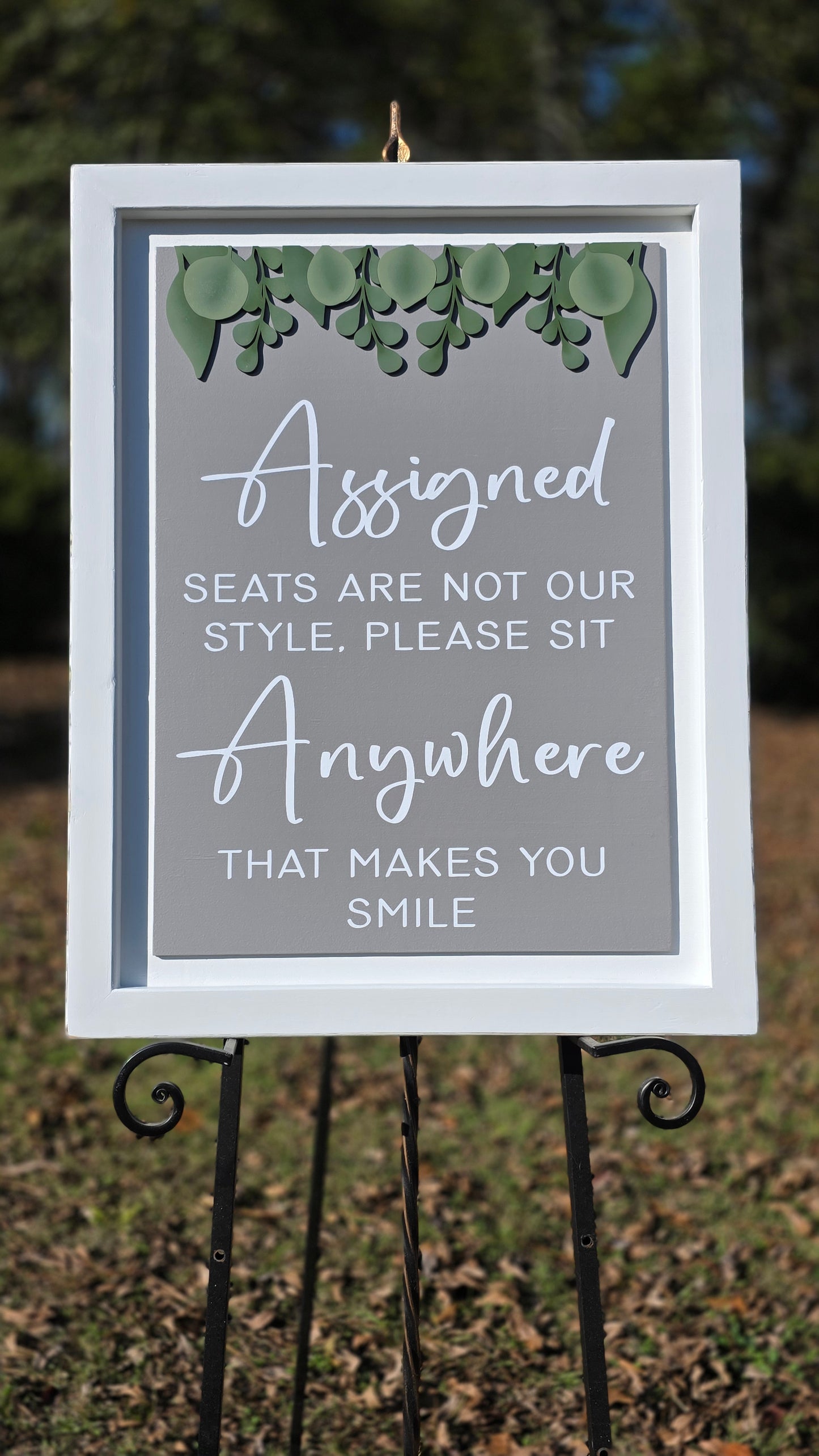 Eucalyptus Assigned Seats White Framed Sign